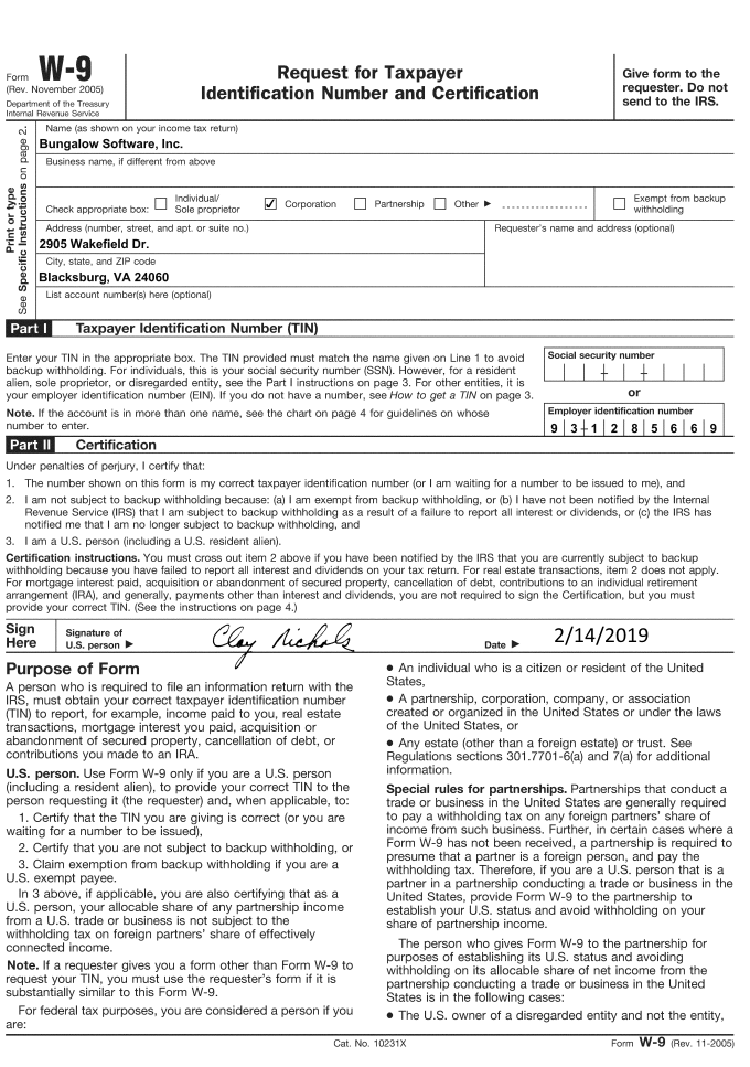 IRS W9 Form for Bungalow Software