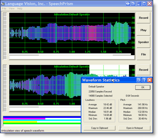 Voice analysis software for speech therapy. Screen shot.